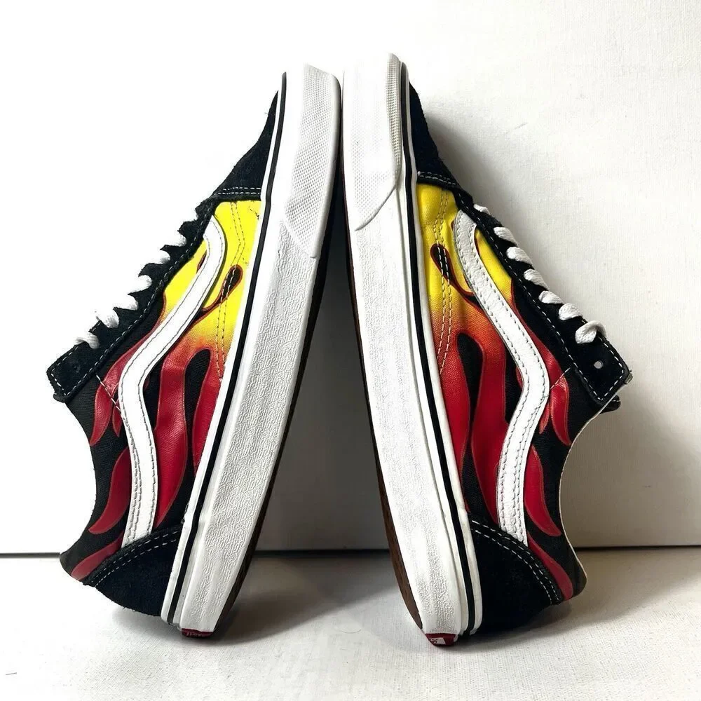Vans Old Skool Flames Mens 7 Black Suede Canvas sneaker Shoes Lace Up Womens 8.5